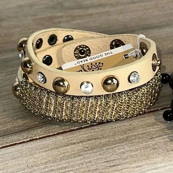 The Good Bead Bracelet Lot Gray Stretch beads Gold Tone Cream Wrap Rhinestone - Picture 2 of 8